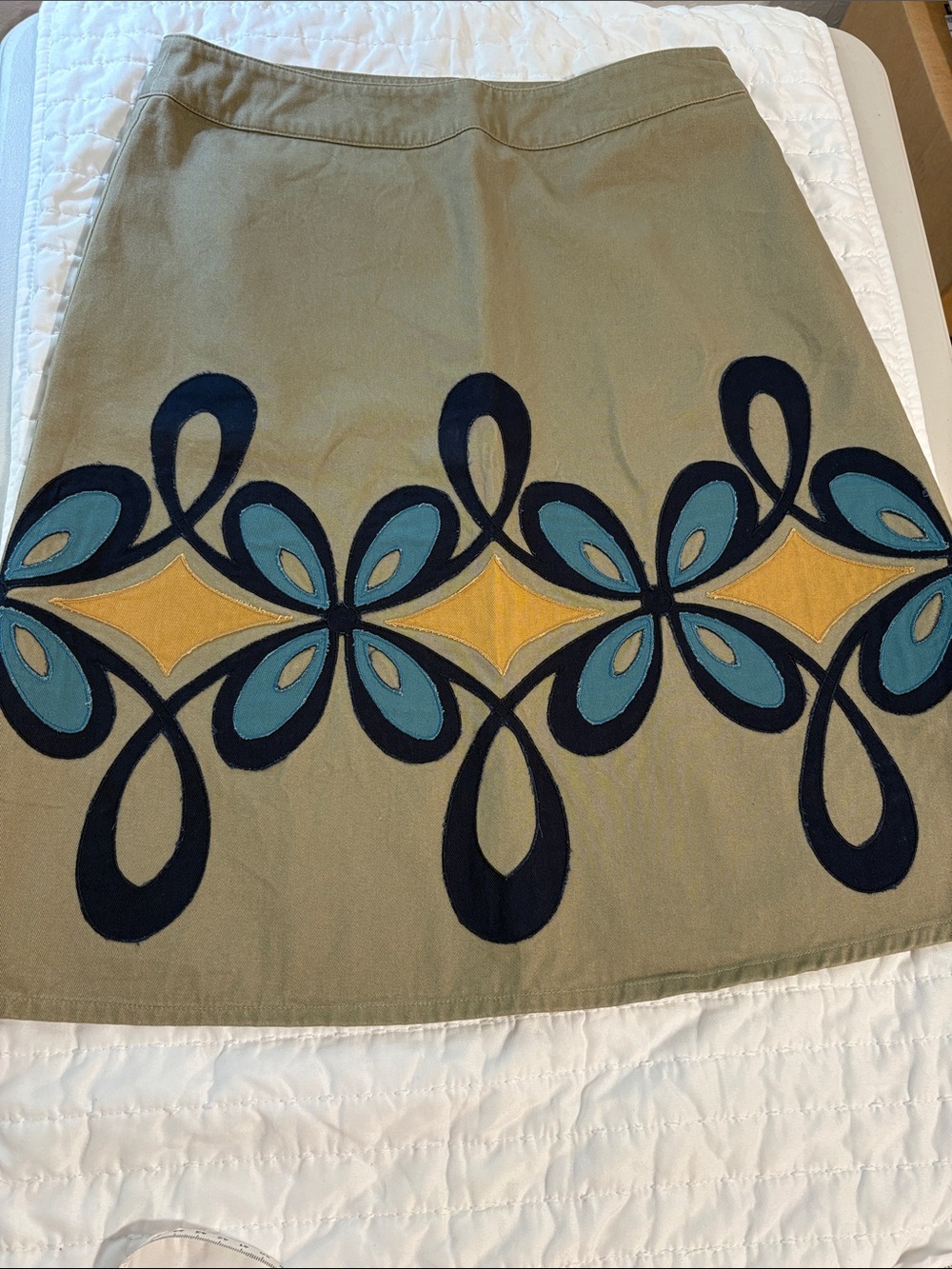 Boden A-Line Skirt Size 6 Khaki Tan Blue Yellow Retro Floral Applique Border